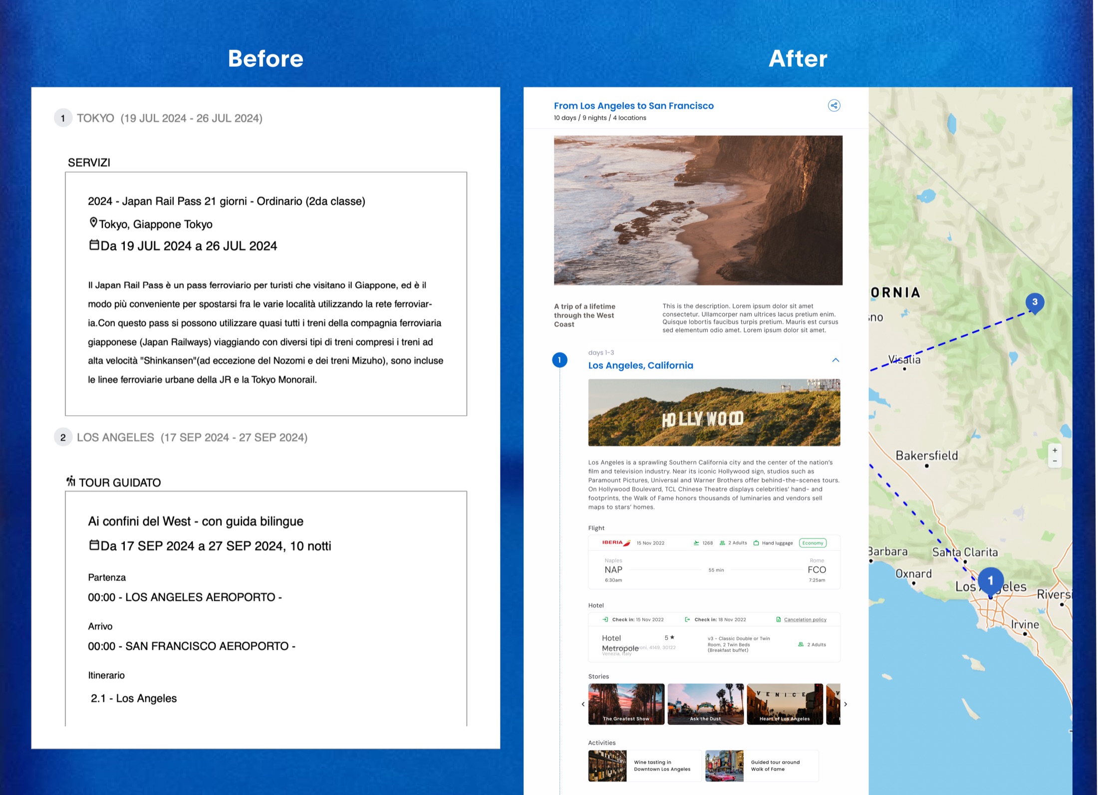 The itinerary a traveler receives, before and after. Before: each stop as a plain box of text with its dates and a paragraph of description. After: the whole trip titled and dated, with a cover photograph, a map of the route beside it, and each day opening into its flights, hotel, stories and activities, with photographs throughout.