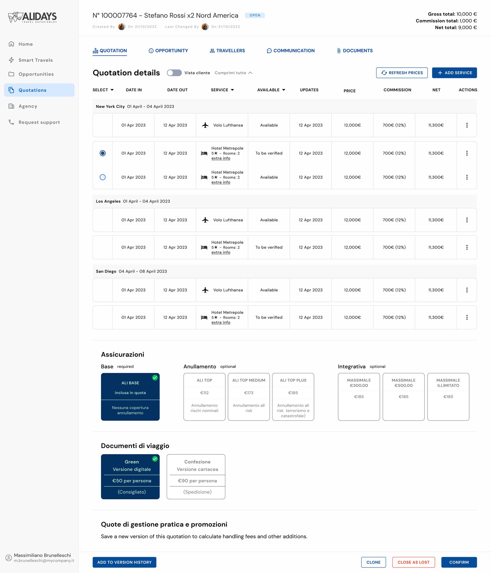 The whole redesigned quotation page, top to bottom: services grouped by location, filters on the column headers, availability as tags, and the fixed bar holding the running totals.