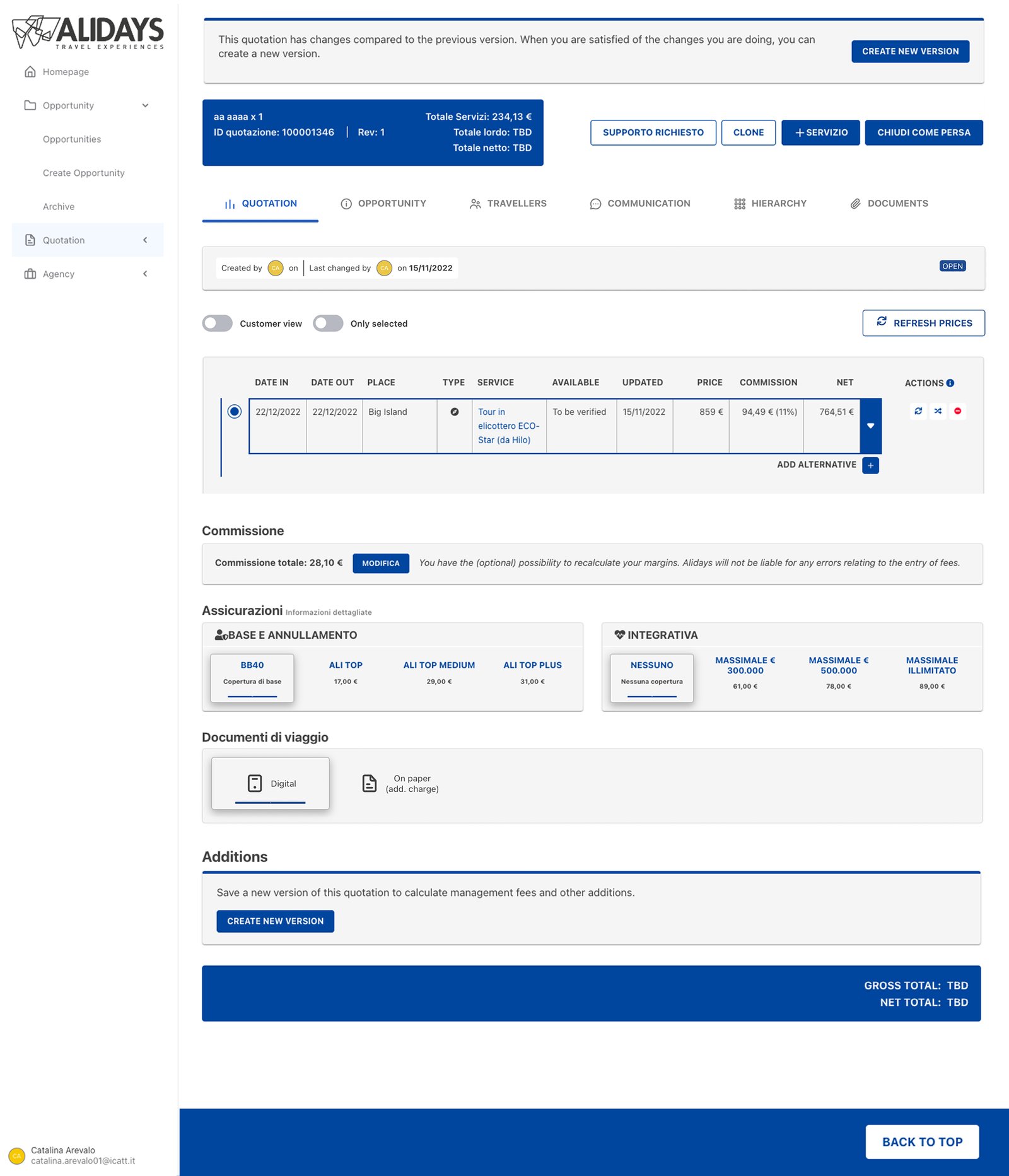 The whole old quotation page, top to bottom: the blue banner and buttons, the tabs, one service in a wide table, the commission block and the sections below it.
