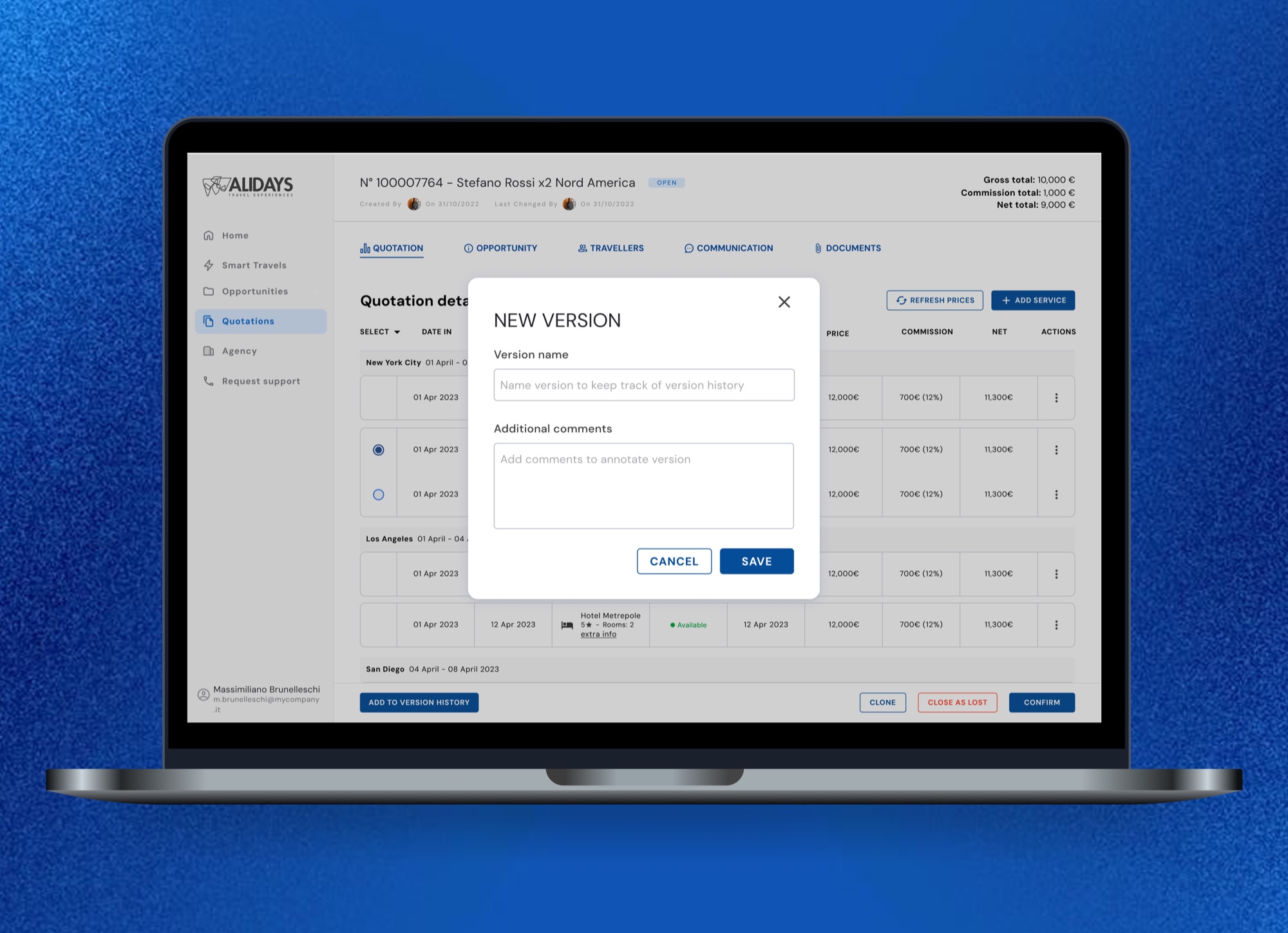 The New Version dialog in ALYDA: a name field to keep track of version history, a comments box, and Cancel and Save buttons, over the quotation the agent is saving.