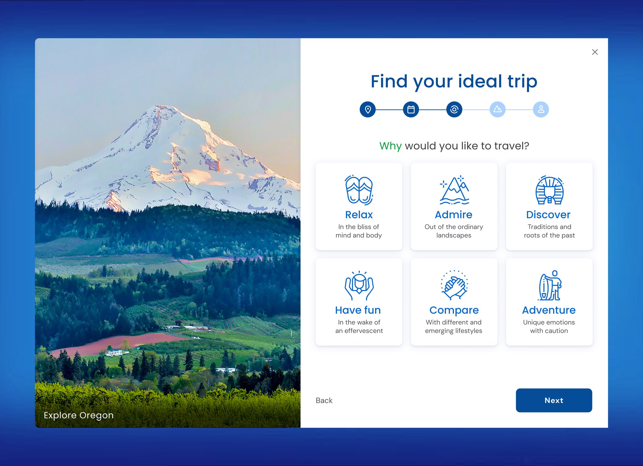The wizard on the public site: a photograph of Oregon on the left, and on the right the question Why would you like to travel, with six choices — relax, admire, discover, have fun, compare, adventure.