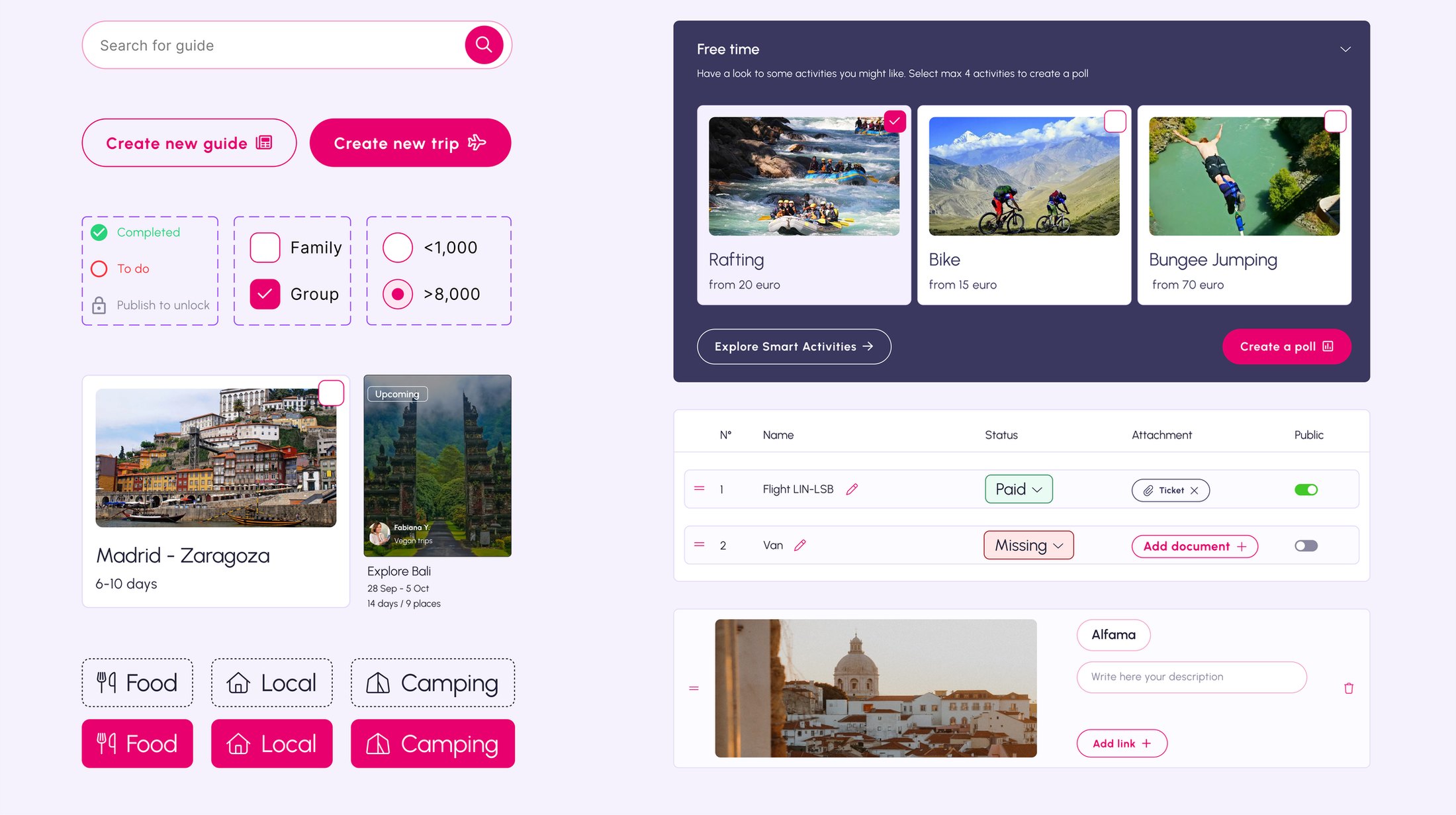 Components from the Imin design system: search fields, primary and secondary buttons, checkboxes and radio groups, trip cards, category tags in two states, an activity poll and a bookings table with paid and missing statuses.