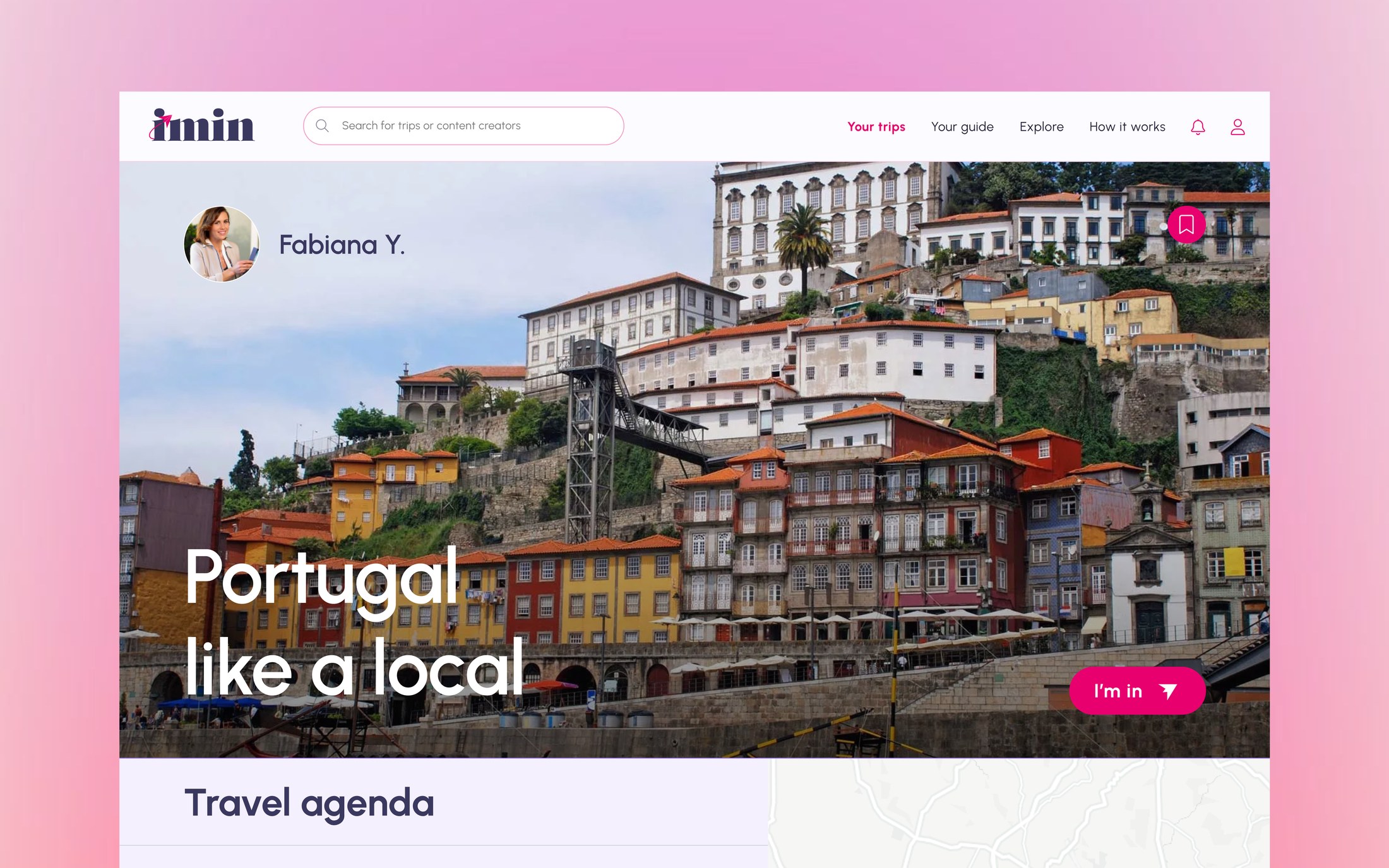 A trip page on Imin: the site's search bar and navigation across the top, then a published trip called Portugal like a local with the influencer who is running it, a photograph of Porto, an I'm in button, and the travel agenda beginning underneath.