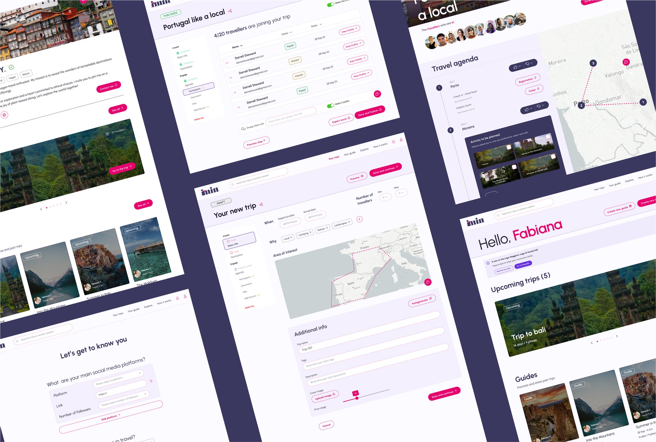 An arrangement of finished Imin screens at an angle: an influencer profile, the traveler list for a trip, a travel agenda with a route map, the trip creation form, an onboarding questionnaire and a personalized home screen.