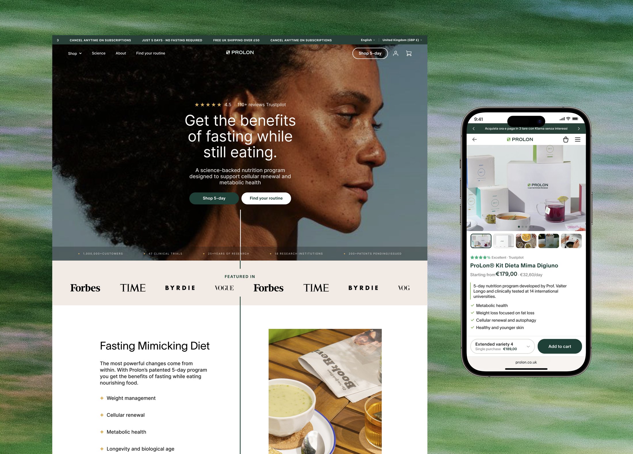 The redesigned ProLon homepage headlined Get the benefits of fasting while still eating, with the product page open on a phone beside it.