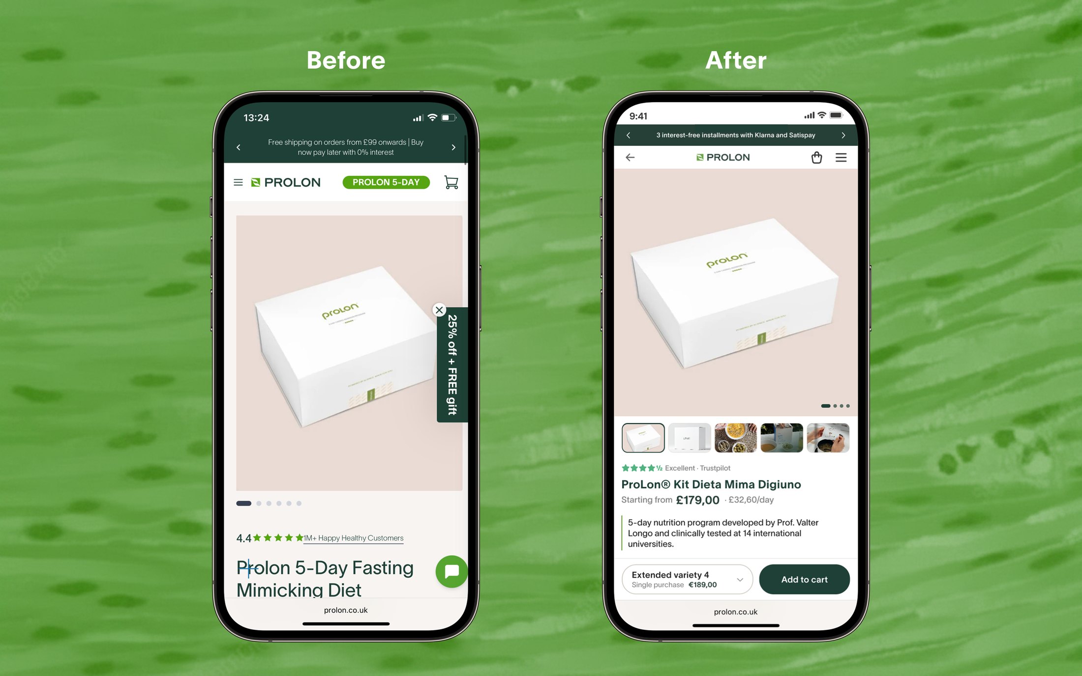 Two phones side by side, labeled Before and After. Before: almost the whole screen is one photograph of the box, with a promo tab over it and the product name only just appearing at the bottom. After: the photograph is smaller, with thumbnails under it, the Trustpilot rating, the name, the price and the price per day, a short description, and a bar holding the chosen variety and an add to cart button.